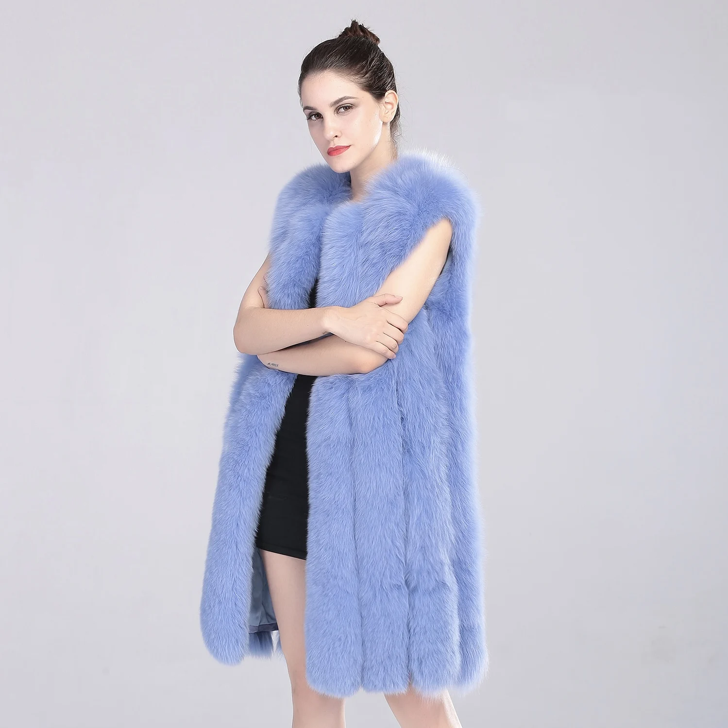 Winter Fox Fur Gilet Women Charming Grey Real Fox Fur Lined Vest