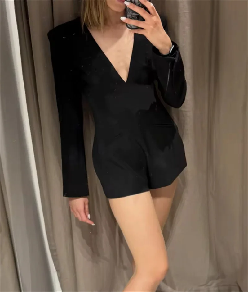 Guobioziy Women's Jumpsuit 2026 Fall New Arrival Solid Color Long Sleeve Sexy Deep V Neck Romper Stylish and Elegant