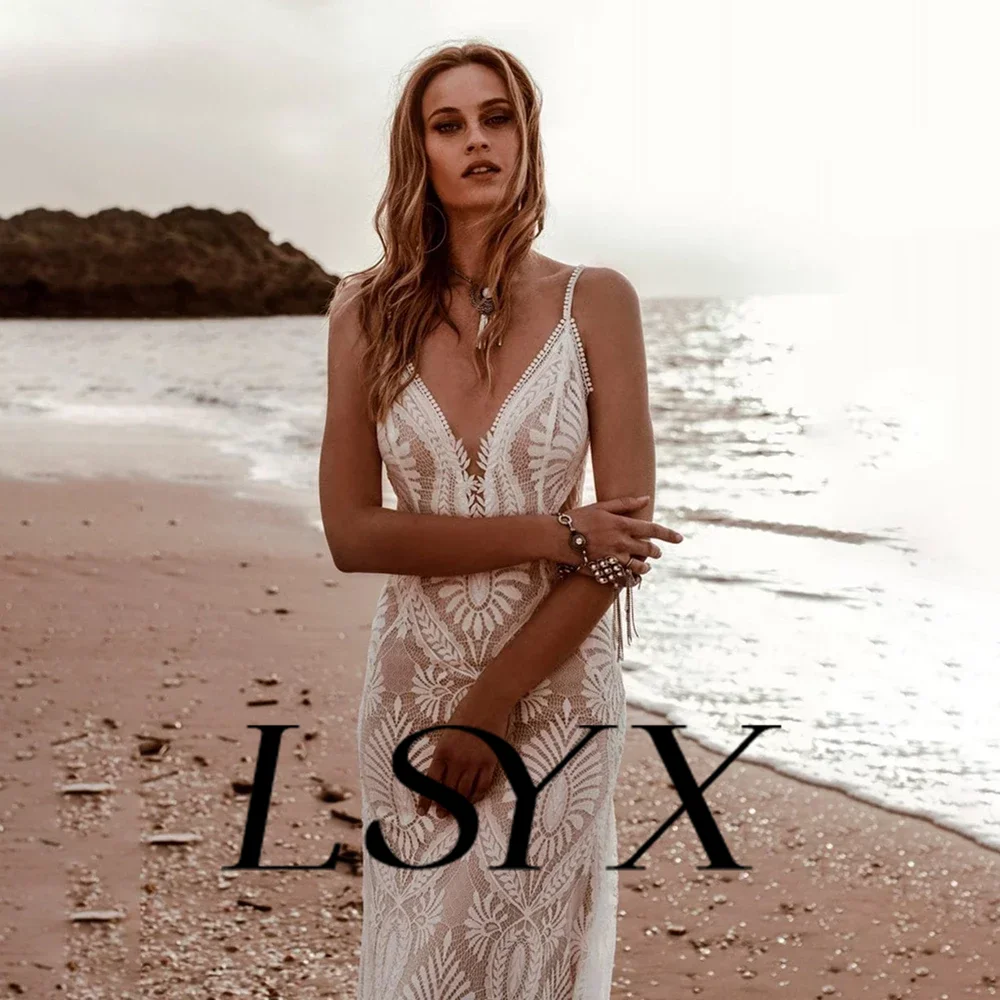 LSYX vestido de novia de sirena con cuello en V de encaje con tirantes finos para playa, espalda abierta, Sexy, largo hasta el suelo, hecho a medida