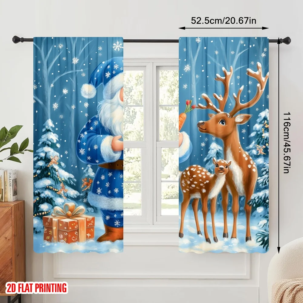 2pcs,2D plane printing Window Curtain Cute Christmas gnome and reindeer cartoon Polyester Easy Install (without rod) Festive