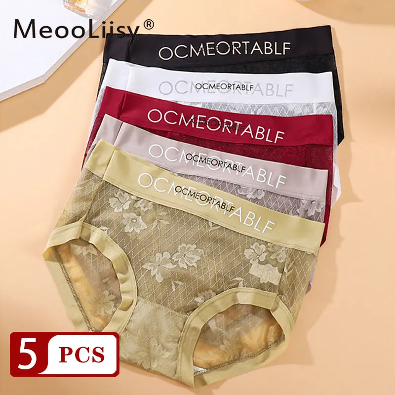 

MeooLiisy 5PCS/Set No Show Seamless Lace Panties Female Sexy Mid Waist Simple Briefs Women Panties Pants Breathable