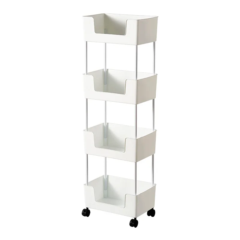 White Multi-Tier Mobile Bookshelf Storage Rack Simple Floor-standing Bookcase with Trolley Living Room Book Storage