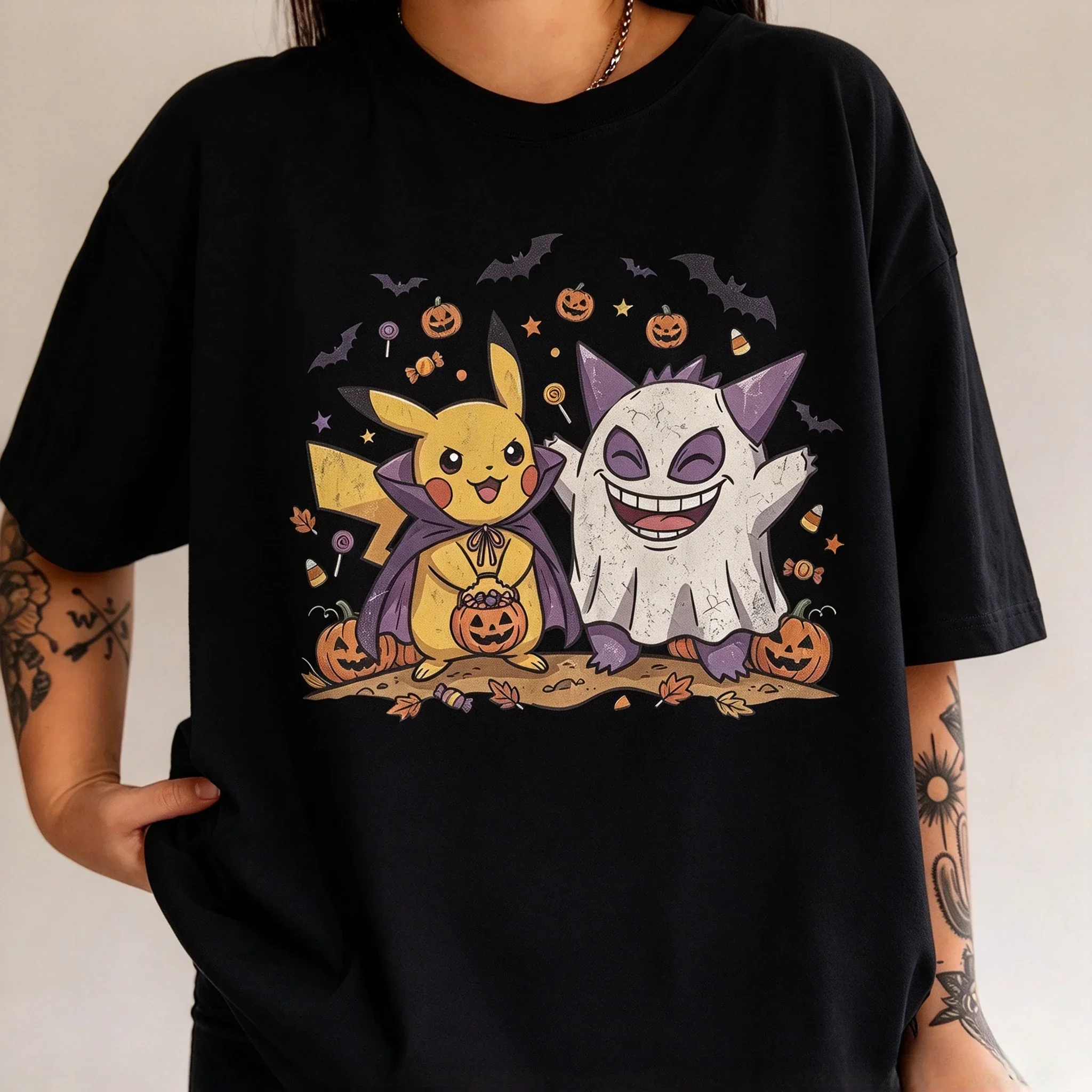 Halloween Pokémon Pikachu Gengar Anime T Shirts Cute Spooky Graphic Print Men Women and Kids Casual Short Sleeve Tee