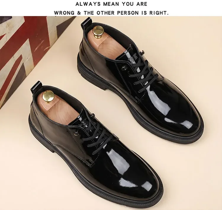 Glänzend schwarze Schnürstiefeletten für Herren, hohe Schafthöhe, dicke Sohle, modische, lässige Business-Herrenschuhe – Detail 13