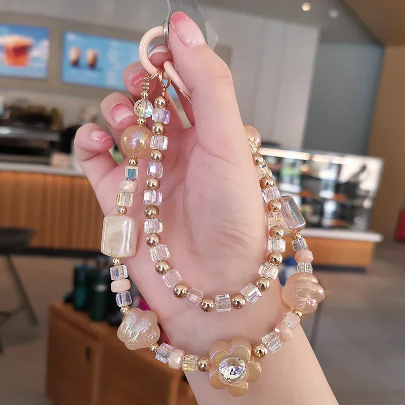 Small Fresh Clip Double Chain Rhinobrown Mobile Phone Lanyard Crystal Bead Mobile Phone Case Antiloss Wrist Bracelet IPhoneCharm