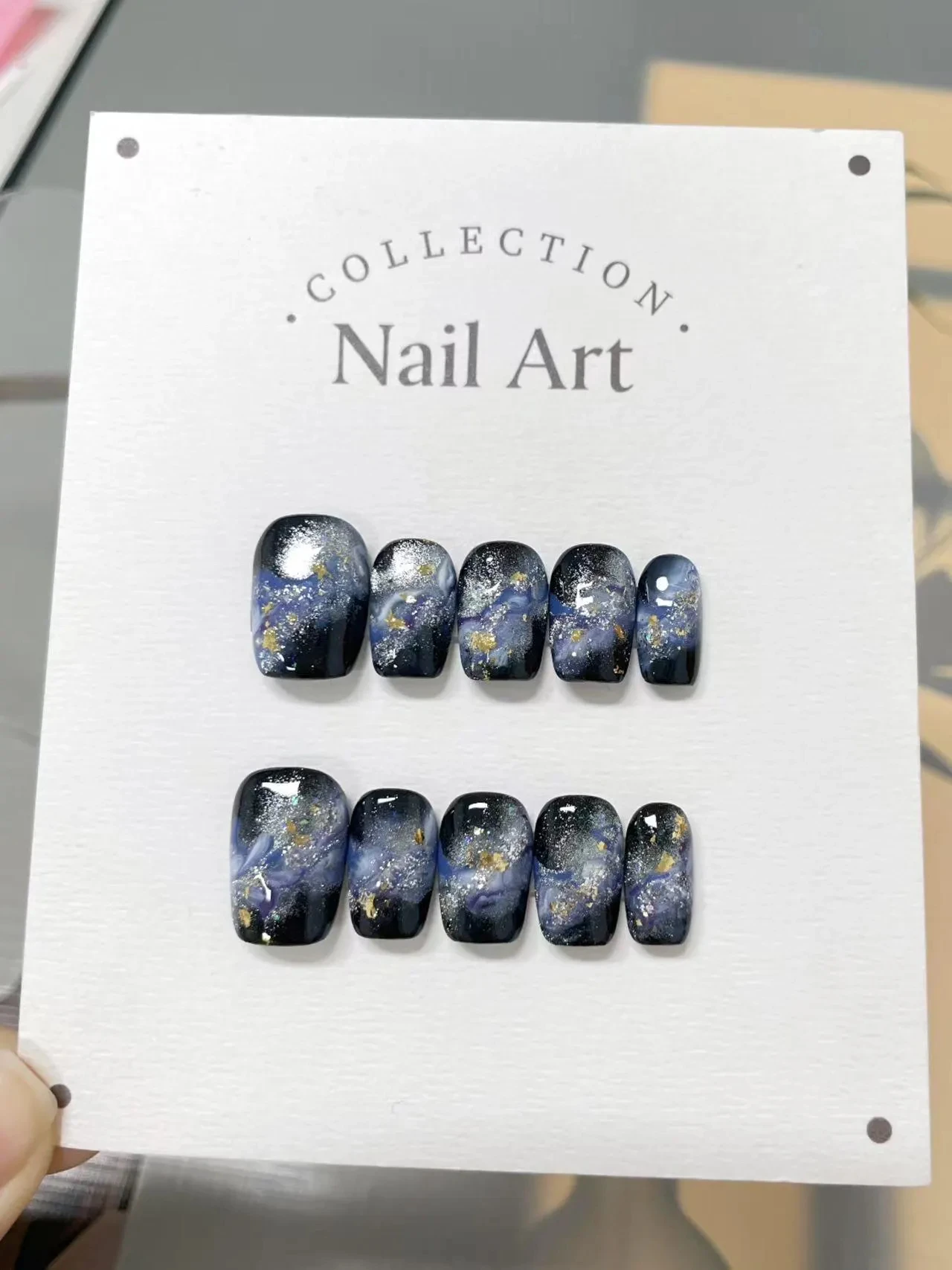 

Custom French Aurora Night Sky Press-On Nails, Hand-Painted False Nails, Reusable High-Quality Nails
