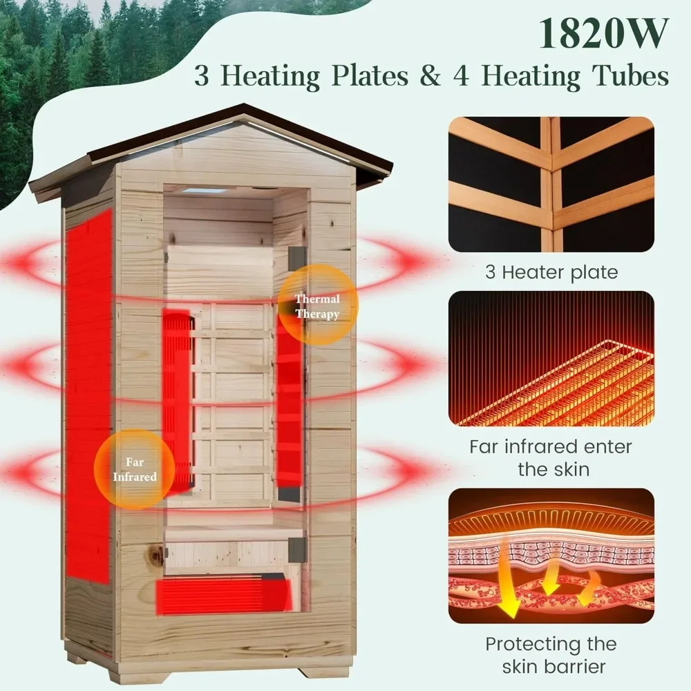 Outdoor Sauna 1 Person, Full Spectrum Infrared Saunas, Home Saunas with 10 Minutes Warm Up Heating Tubes & Panels, Wooden Sauna