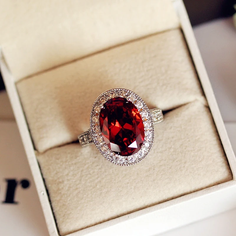 Luxury Male Female Big Oval Charm Silver Color Red Stone Jewelry Promise Wedding Engagement Rings For Men And Women