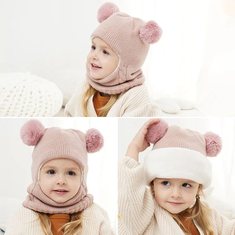 Double Plush Ball Children One Piece Scarf Cap Cute Baby Ear Protection Hat 1-6year Kids Hooded Beanies Winter Warm Neckerchief
