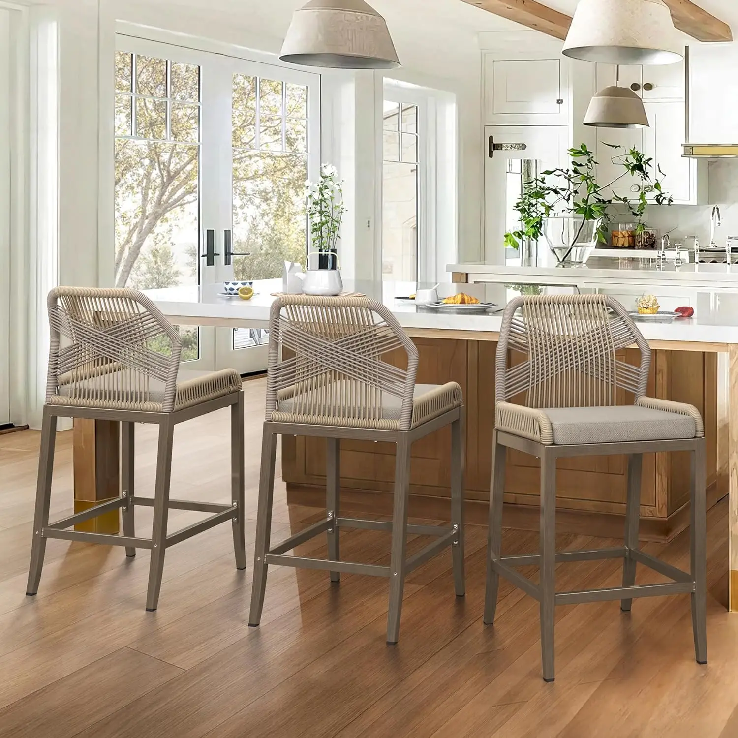 

Bar Stools Set of 2, 26.5" H Rattan Counter Height Bar Stools with Aluminum Legs, Woven Rope Backrest, Customized