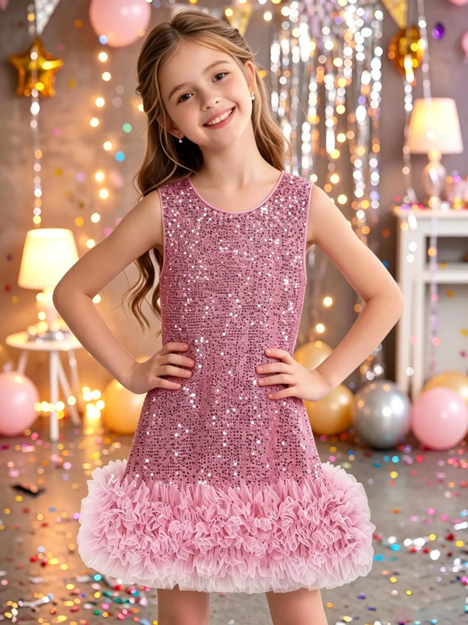 Toddler Girls Sequin Dress Children Sleeveless A Line Sparkly Gown Mesh Party Dress