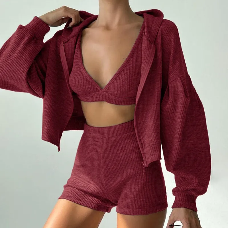 

Simple Solid Color Outdoor Running Outfit 2026 New Spring Sports Three Piece Set Hooded Coat+Vest Top+Shorts Women's Casual Suit