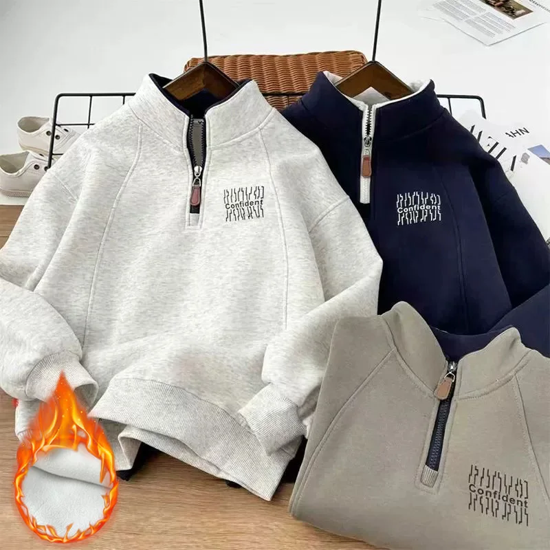 Boys Plush Warm Windproof Sweatshirt Autumn Winter Fashion Stand Collar Thick Pullover Casual Top for Kids Clothes 3-14 Years