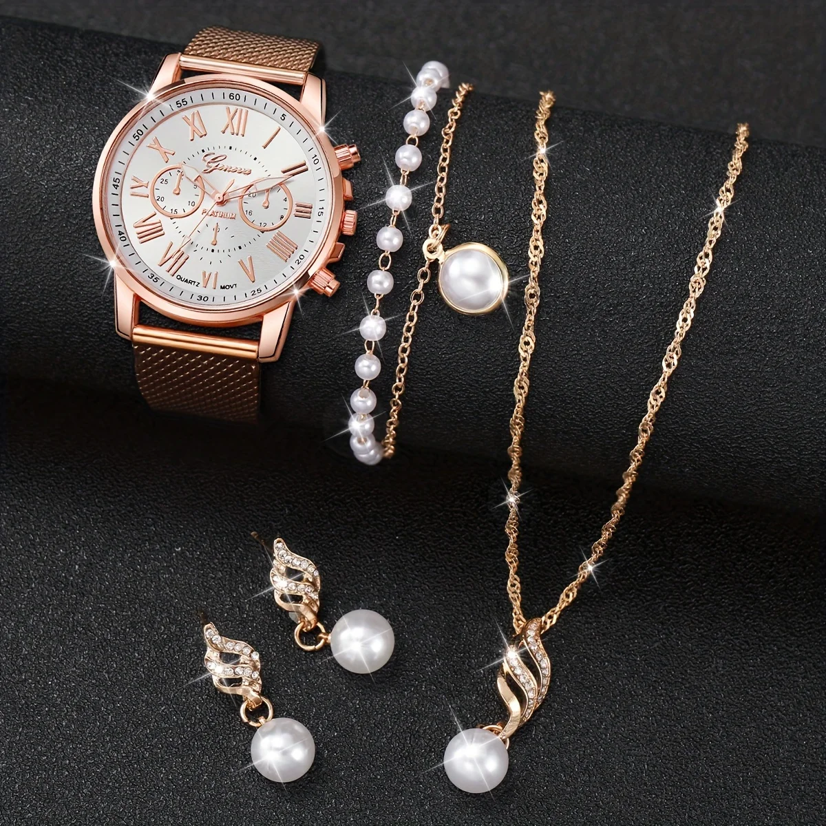 Montre à quartz avec chiffres romains pour femme, ensemble de bijoux élégants, perle, tenue décontractée, mode, 5 pièces par ensemble