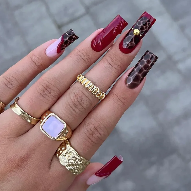 24 Uds. Diseño de diamantes de imitación de flores 3D, uñas postizas con patrón rojo, uñas postizas francesas, puntas de uñas de cobertura completa reutilizables y cuadradas largas