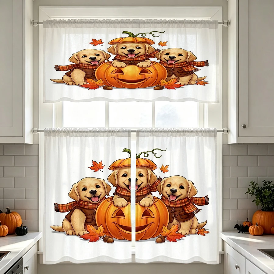 Halloween Fall Kitchen Curtains, Golden Dog Pumpkin Scarf, Digital Print, Kitchen Dining Room, Rod Pocket Polyester, Home Decor