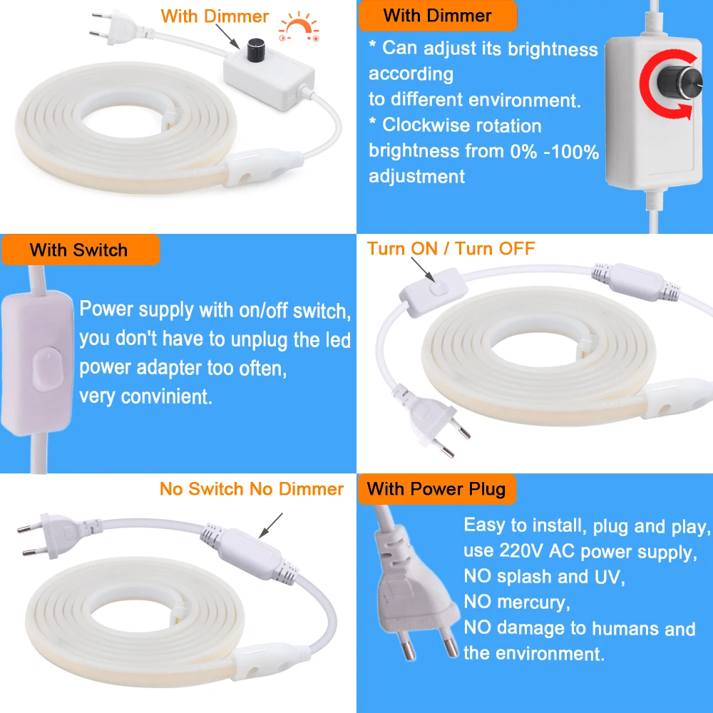 220V LED COB Strip Neon Light Dimmable AC Power Plug Kit 288LED/m High Density Linear Lighting Waterproof Flexible Silicone Lamp