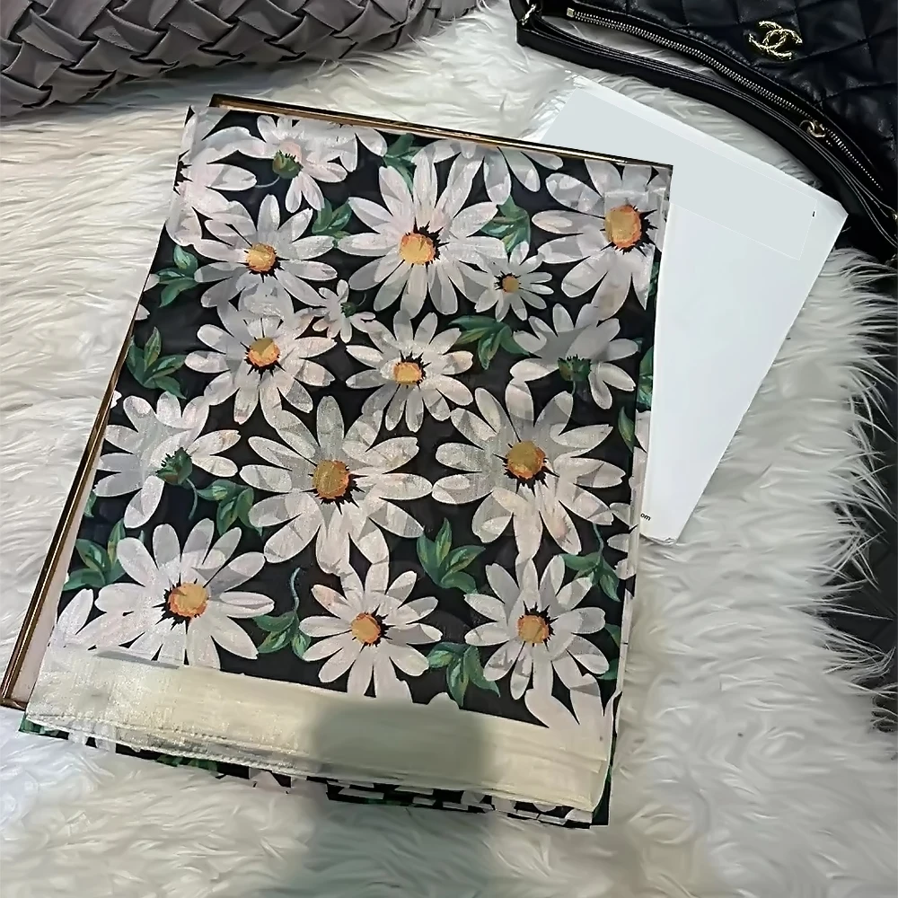 BYSIFA|White Green 100% Pure Silk Shawl Scarf Ladies Fall Winter Daisy Design Long Scarves Hijabs Summer Beach Shawls 180*110cm