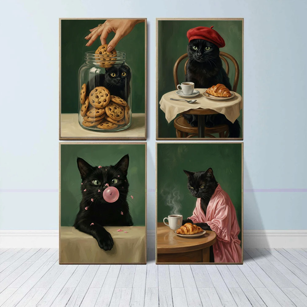 Interesting And Cute Black Cat With Desserts Food Beverages Alcoholic Beverages Art Posters Canvas Printing Home Wall Decoration