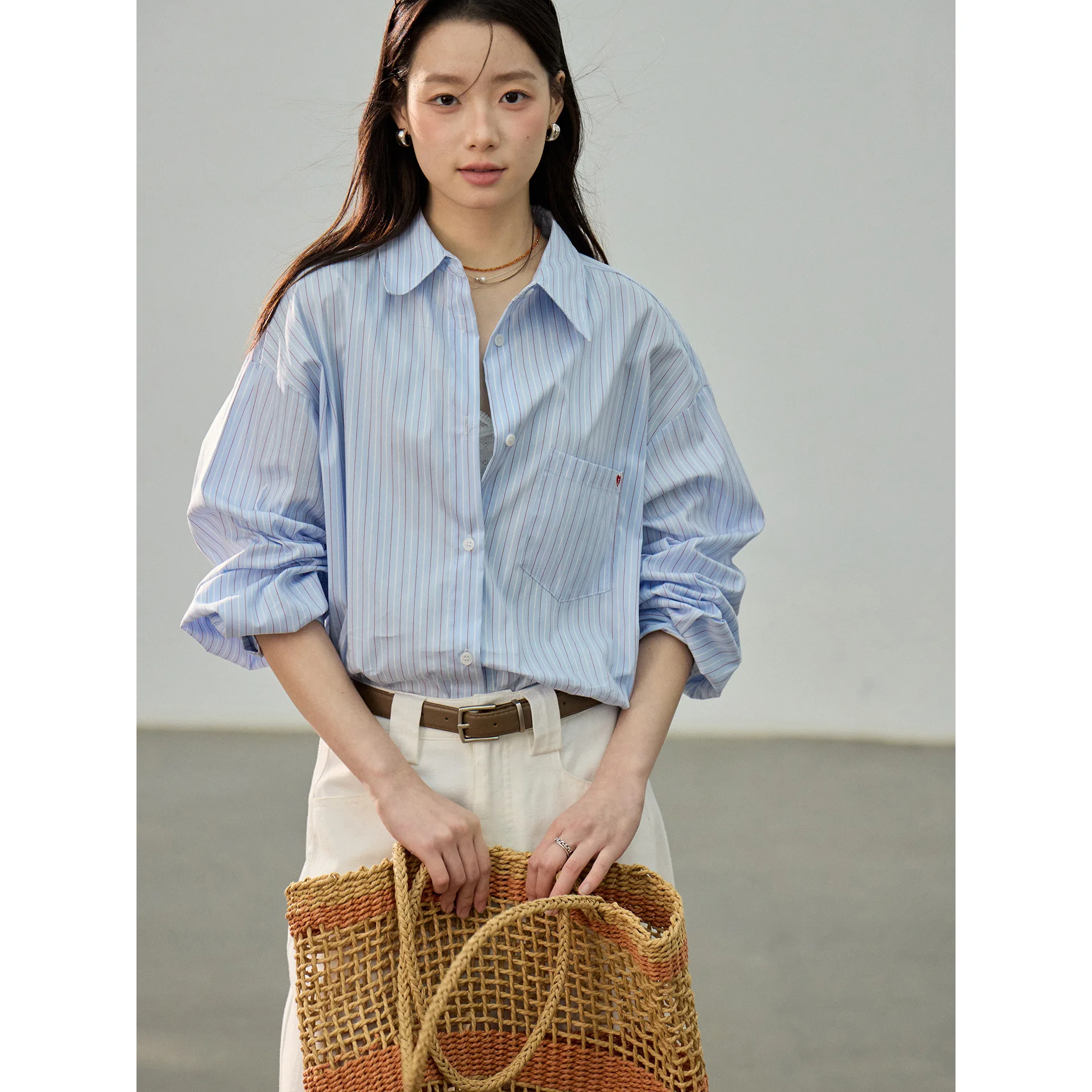 

Женская весенняя рубашка в корейском стиле с полосками и маленьким сердечком, для повседневной носки