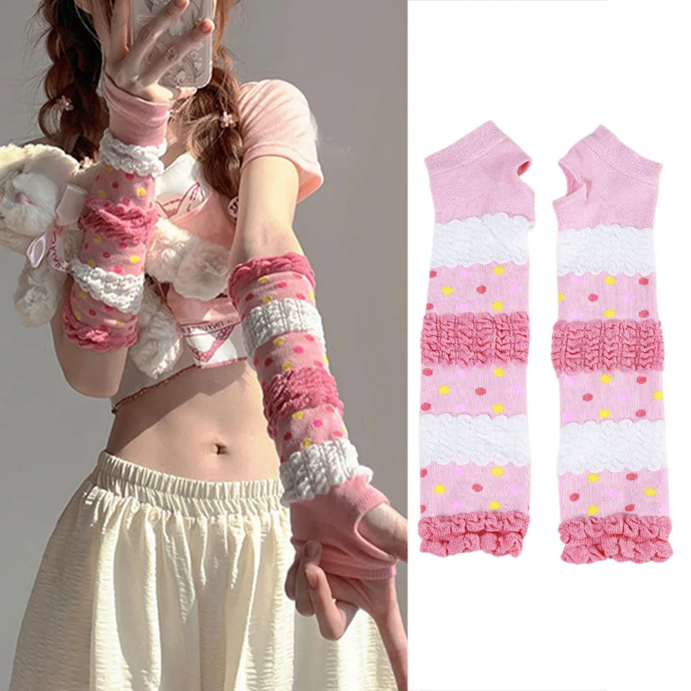 

1 Pair Pink Long Gloves Cute Lolita Girls Fluffy Bubble Design Color Dots Sleeves Arm Warmers Cotton Sweet Sunscreen Summer Y2K