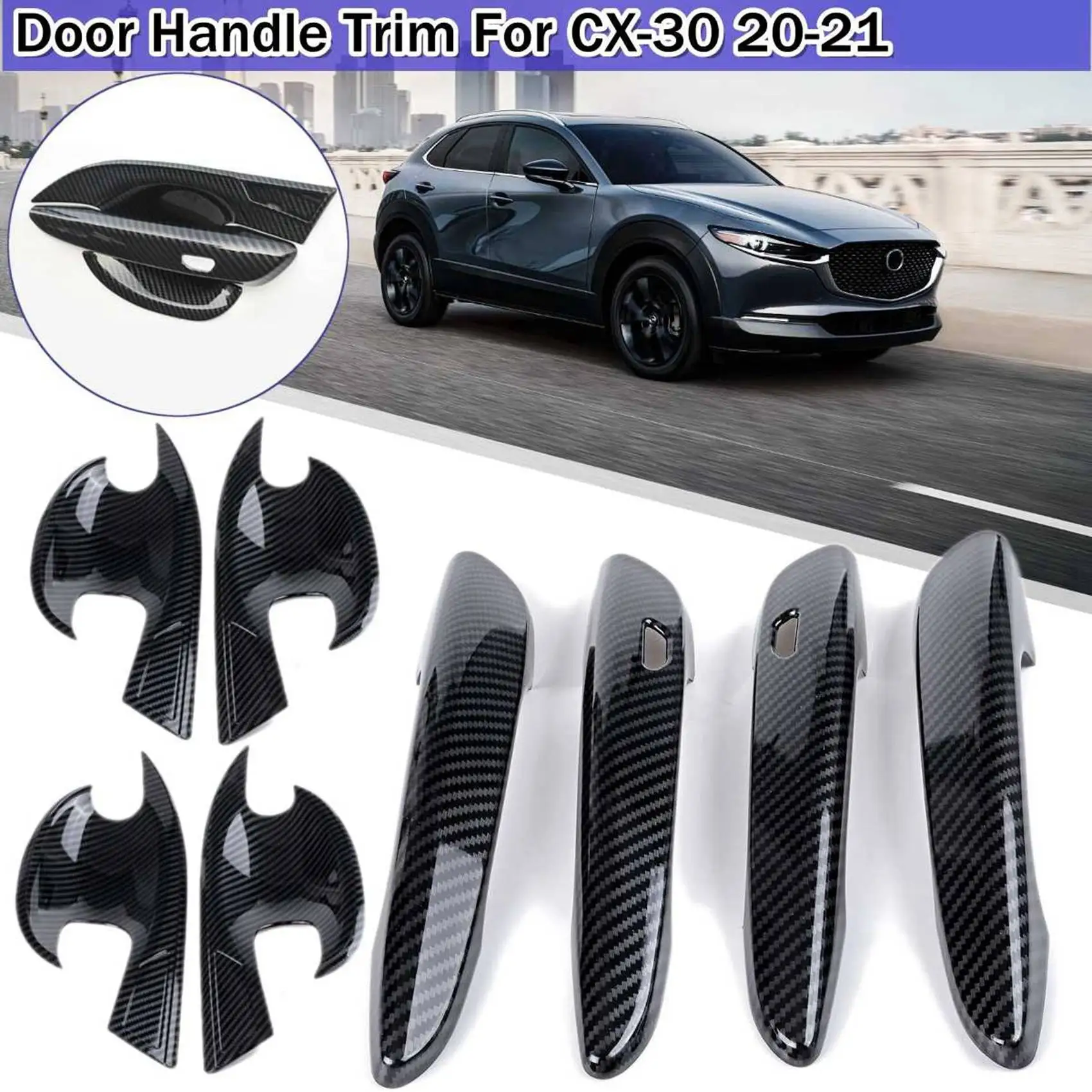 For Mazda CX30 CX-30 2020 2021 ABS Carbon Fiber Car Door Handle Protective Protective+Door Handle Outer Bowl Trim Cover