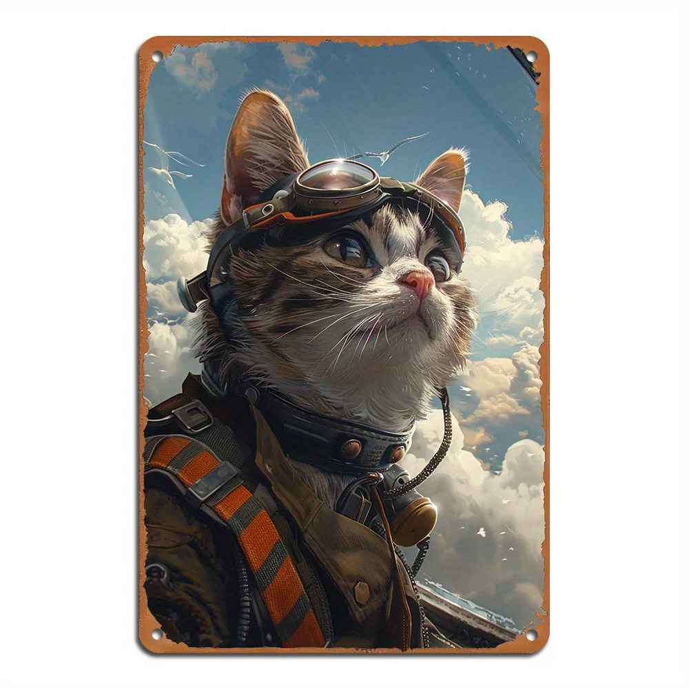 1 STÜCK Schrullige geflügelte Katze Pilot Metall-Eisen-Schild – antike Fluggesellschaft Kitty Wandkunst Eisen Heimdekoration für Wohnzimmer Café Geschenke