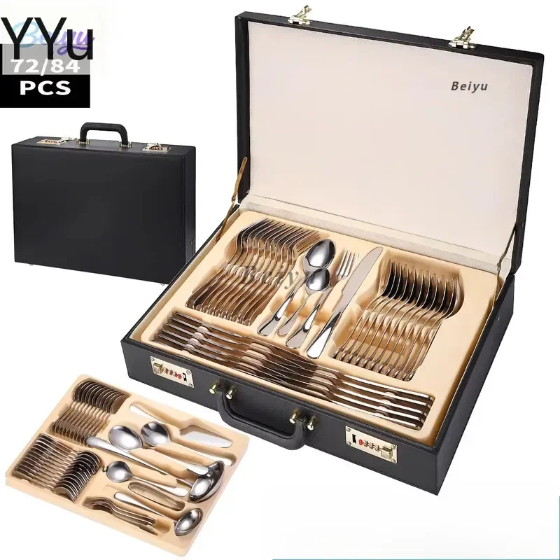 for Stainless Steel Cutlery Set 72 84 Piece Flatware Service Utensils Knife Fork Spoon Dinnerware Tableware Gift Box