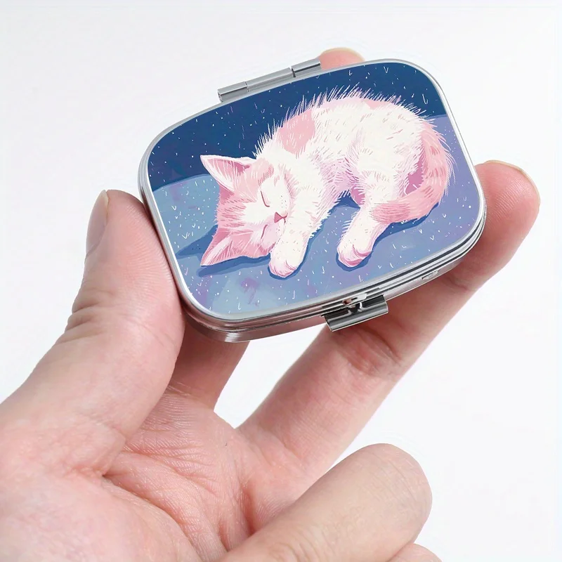 Sleepy Cat Printed Square Pill Box, 2 Grid Pill Box, Travel Portable Pill Box Outdoor Sports Pocket or Wallet Bag