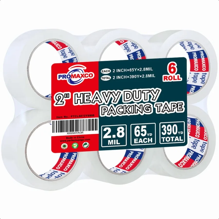 

Heavy Duty Packing Tape 6 Rolls Total 390Y Clear 2.8 mil 1.88 inch x 65 Yards Ultra Strong Refill for Packaging and Shipping