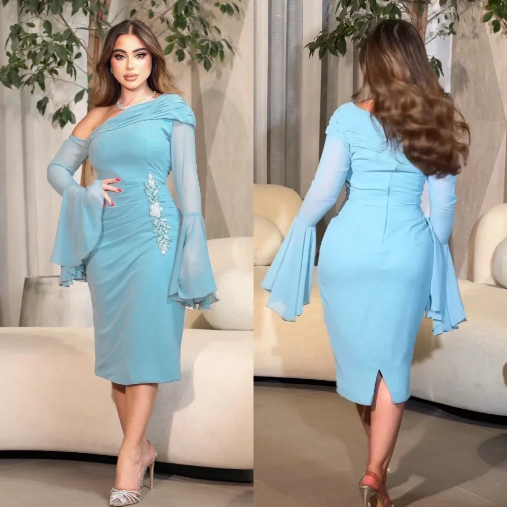 

Customized Chiffon Ruffle Sequined Flower Beading Ruched Birthday A-line One-shoulder Bespoke Occasion Gown Midi Dresses