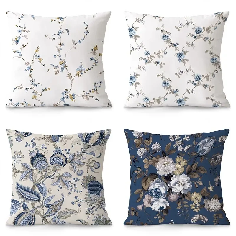 Blue Vintage Floral Pillowcase Dormitory Decoration Office Living Room Sofa Home Pillowcase40x40cm 50x50 45x45