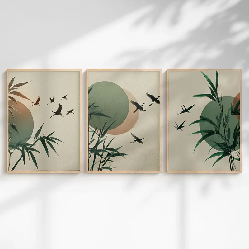 3pcs frameless Canvas Painting 3PCS Japandi Wall Art  Sage Green Crane Bamboo Poster  Minimalist Wall Decor  Canvas Paintings Fo