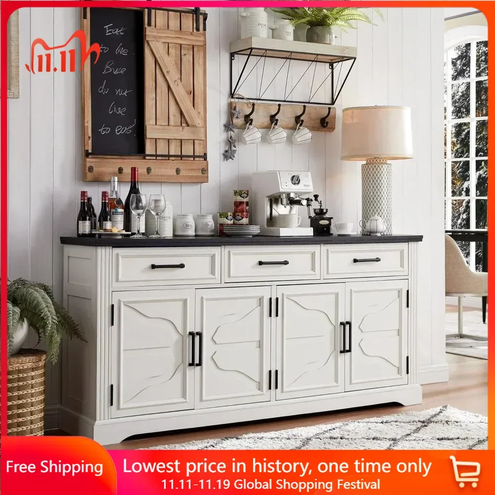 

Large Buffet Side Cabinet with 4 Doors and 3 Drawers,self-service Dining Table,coffee Bar, Bar Storage Cabinet Kitchen Furniture