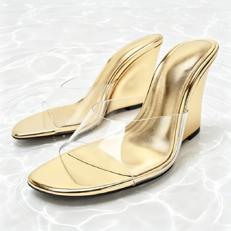 Unique Laminated Wedge Sandals Women Fashion Vinyl-effect Front-strap Slide Sandals Elegant Round-toe Open-toe Designer Shoes