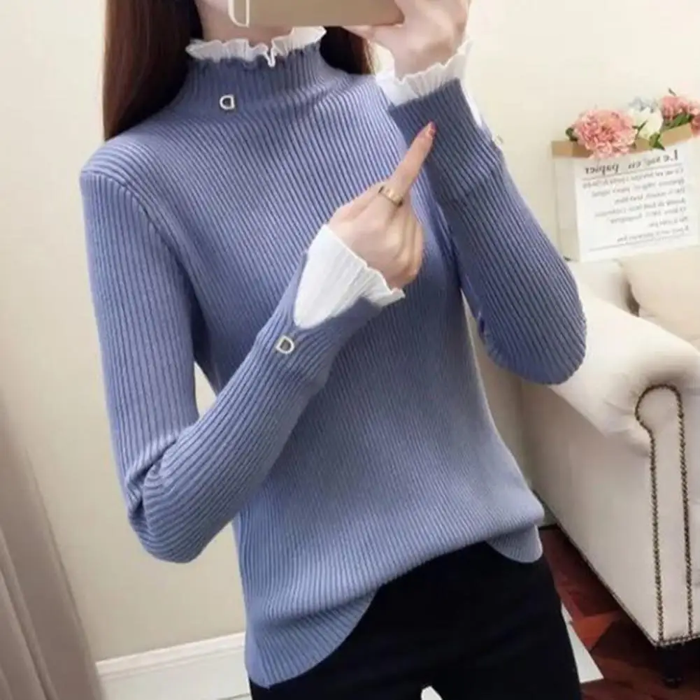 

Shirring Trim Collar Sweater Pullover Sweater Chic Knitted Sweaters for Women Slim Fit Half-high Collar Elegant Lace for Fall