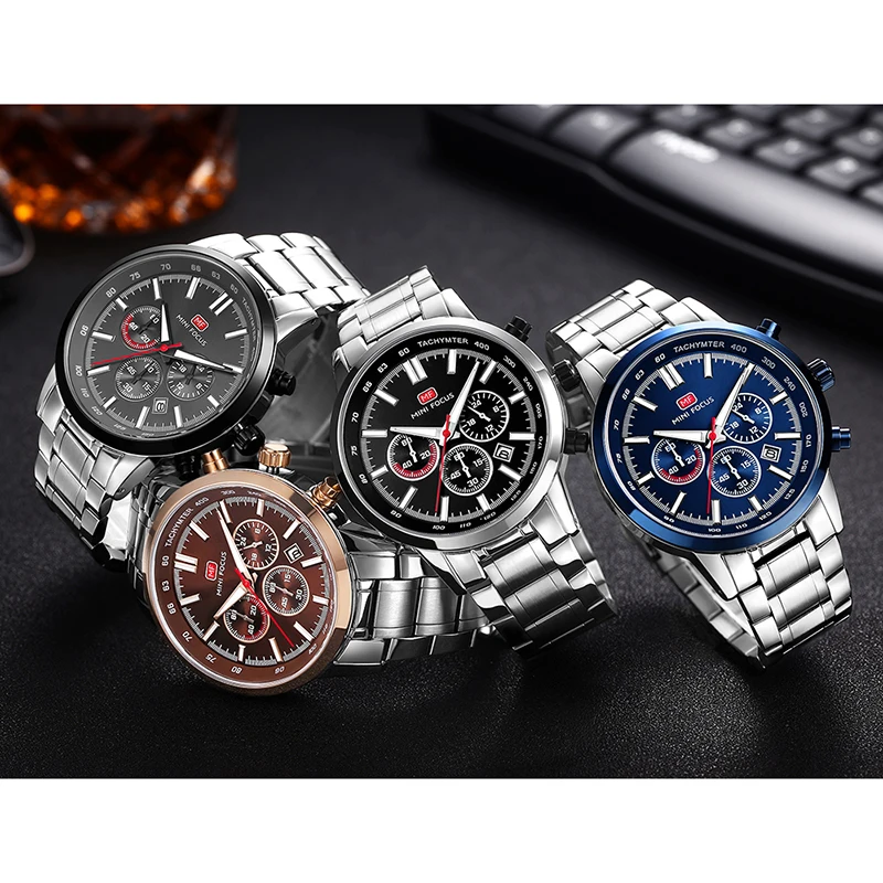 MINI FOCUS Funky Multi-Color Top Fashion Quartz Watches with Calendar Stainless Steel Strap 3ATM Waterproof Mens Sports Watch