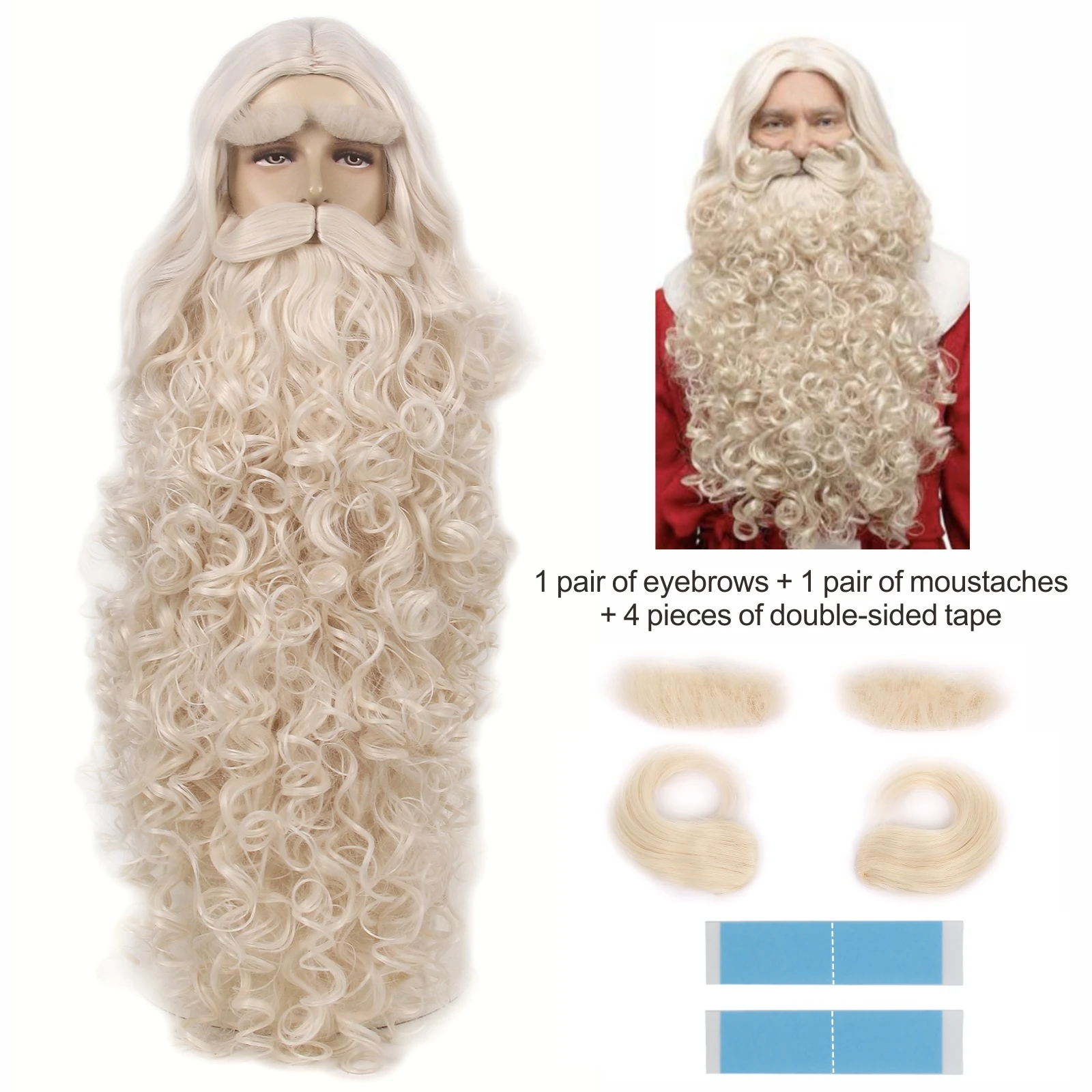 REEWES Wig Beard Set With Eyebrow Moustache 7counts Synthetic Hair For Christmas Santa Claus Old Men Costume Blonde Grey White