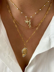 Peri'sbox 2024 New Trendy Enamel Conch Coral White Rhinestone Starfish Pendant Necklace for Women Waterproof Beach Party Jewelry