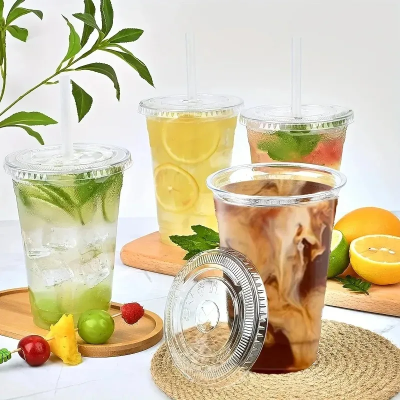 50 Sets of 12/16oz Transparent Plastic Cup with Cover Drink Cup Disposable Plastic Cup for Coffee Juice Picnic Party