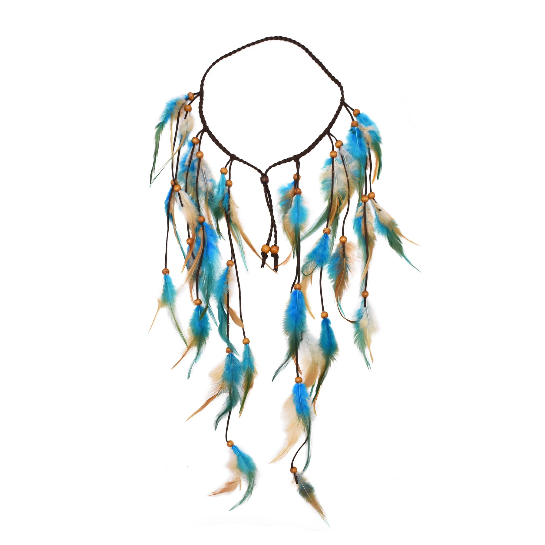 Long Blue Brown Feather Headband for Women Bohemian Ethnic Festival Hippie Party Leather Wood Beads Hair Jewelry Accessories