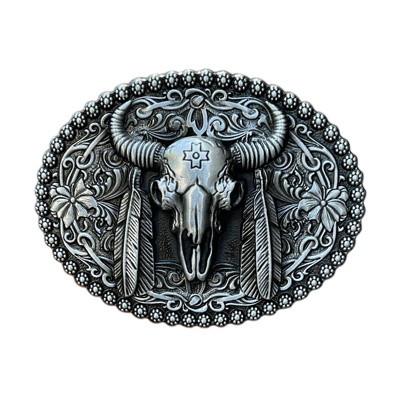 Feathered bullhead belt buckle Western style