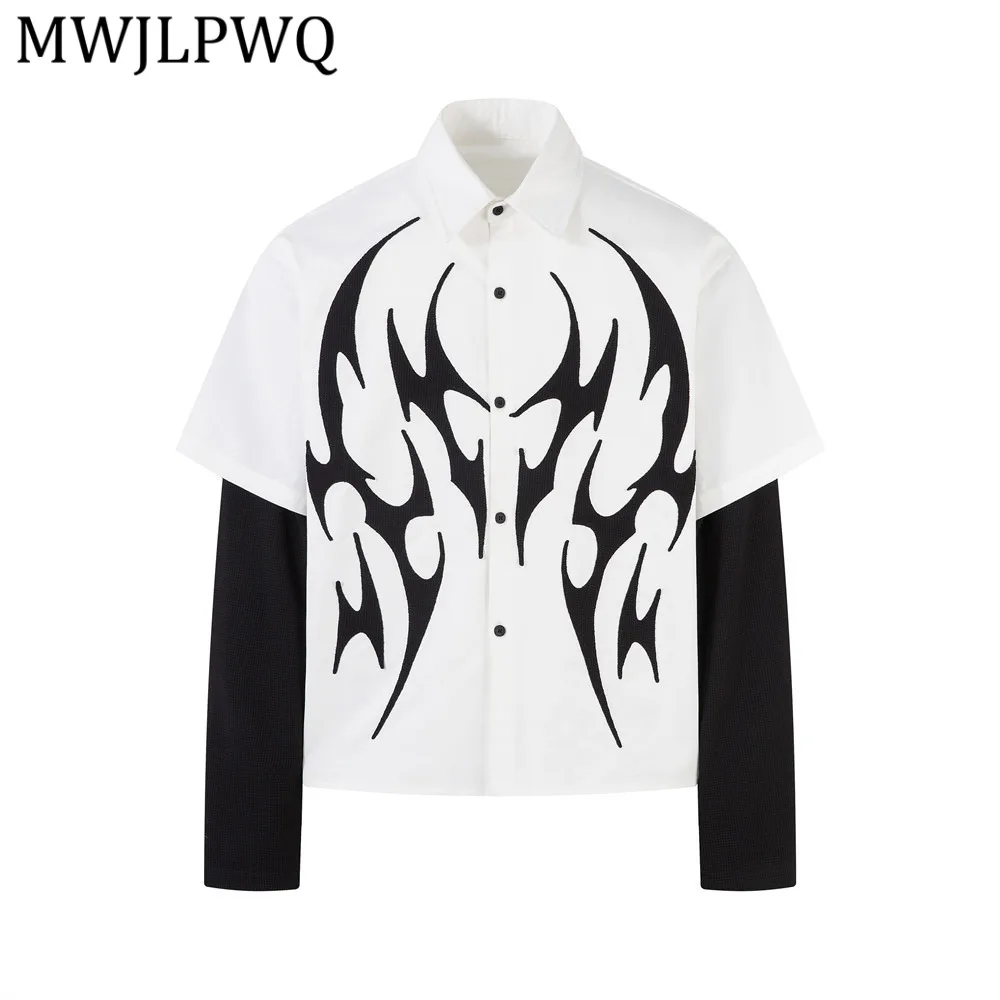 

Мужская рубашка MWJLPWQ с имитацией двухслойности, с вышивкой и нашивками, темный дизайн в стиле High Street, весна-осень, с длинным рукавом, модная, 13295