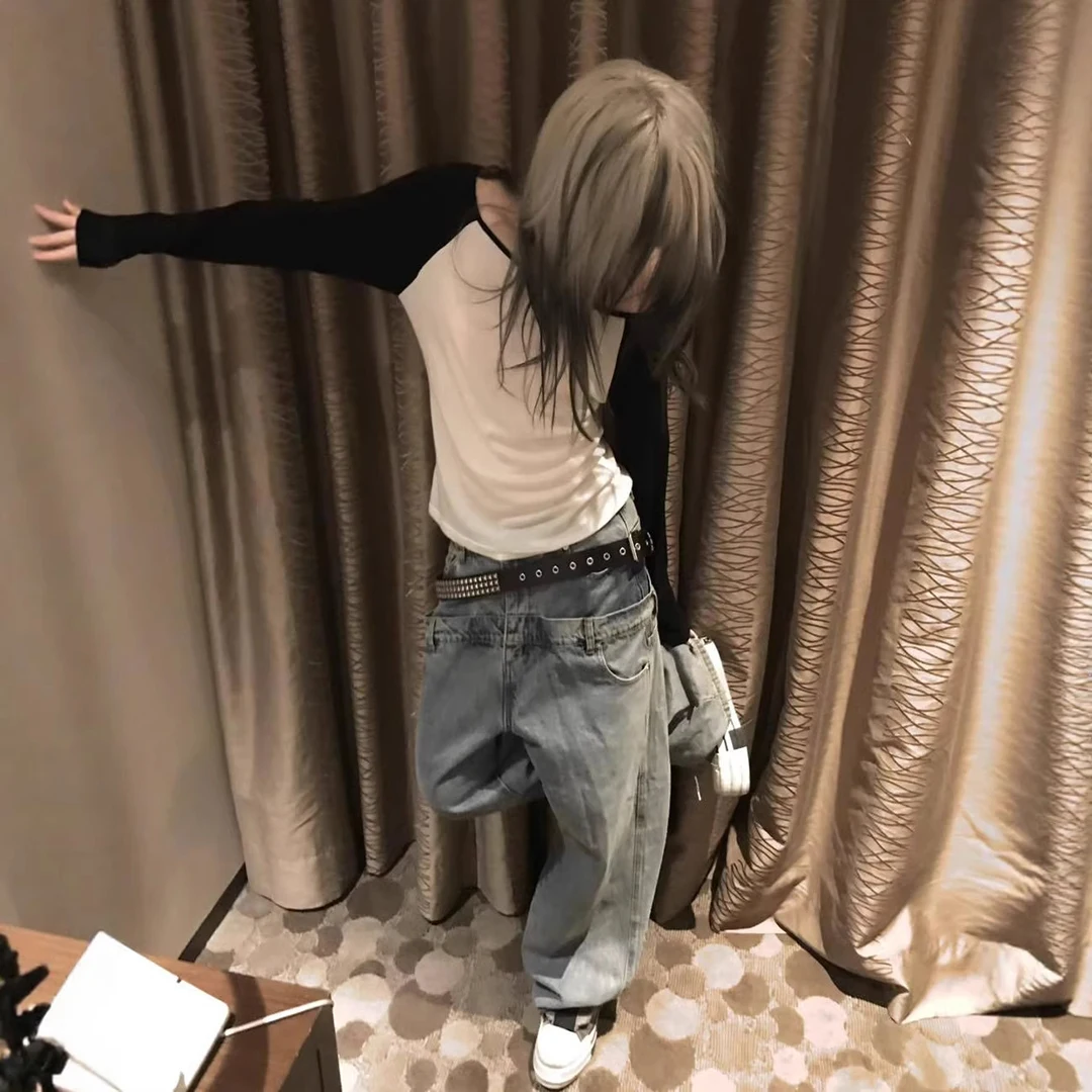 Women's Y2K Off-Shoulder Long Sleeve T-Shirt Color Block Slim Fit Casual Boat Neck Top Black White Raglan Sleeve