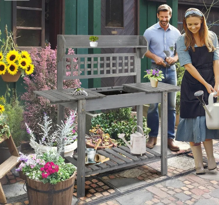 Outdoor Potting Bench Table, Wooden Workstation , Storage Shelf and Dry Sink,