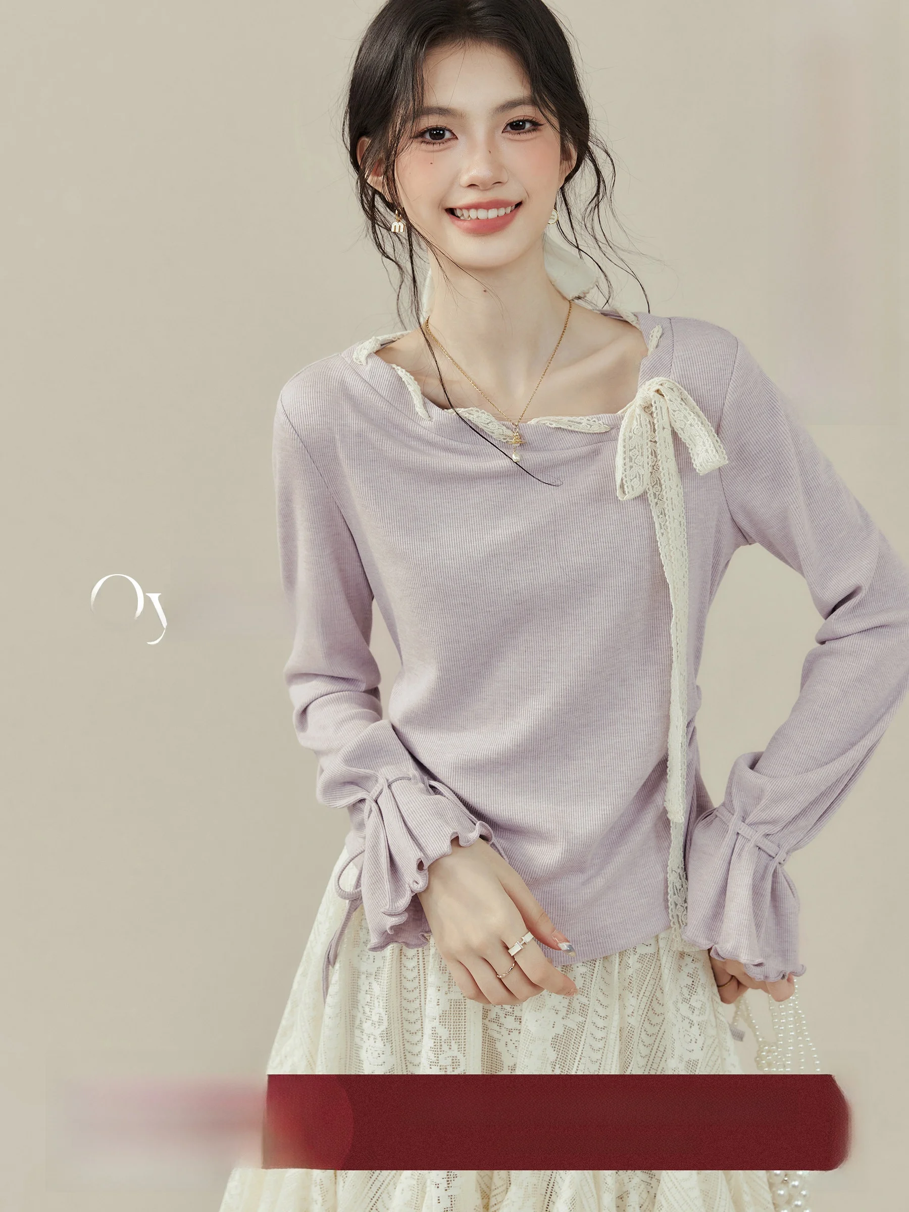 

Purple Long Sve T-irt Women's Early Autumn New Knot Beautiful Top Casual Sle Slim Fit Knitted Fabric Breatha...