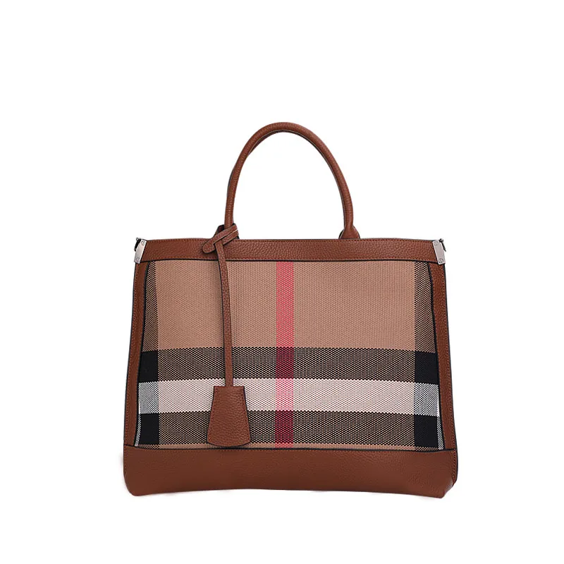 Retro Large Capacity Casual Tote Luxury Plaid Pattern Stripe Canvas With Leather Female Handbags Daily Ladies Briefcase