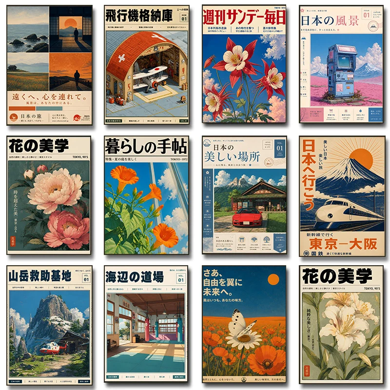 Japanese Lifestyle Magazines - ヴィンテージ風の日本の花柄雑誌の表紙をモチーフにしたポスター。電話ボックス、夕焼け、未来的なデザインをプリントしたキャンバス絵画。壁掛け装飾、インテリアとして。