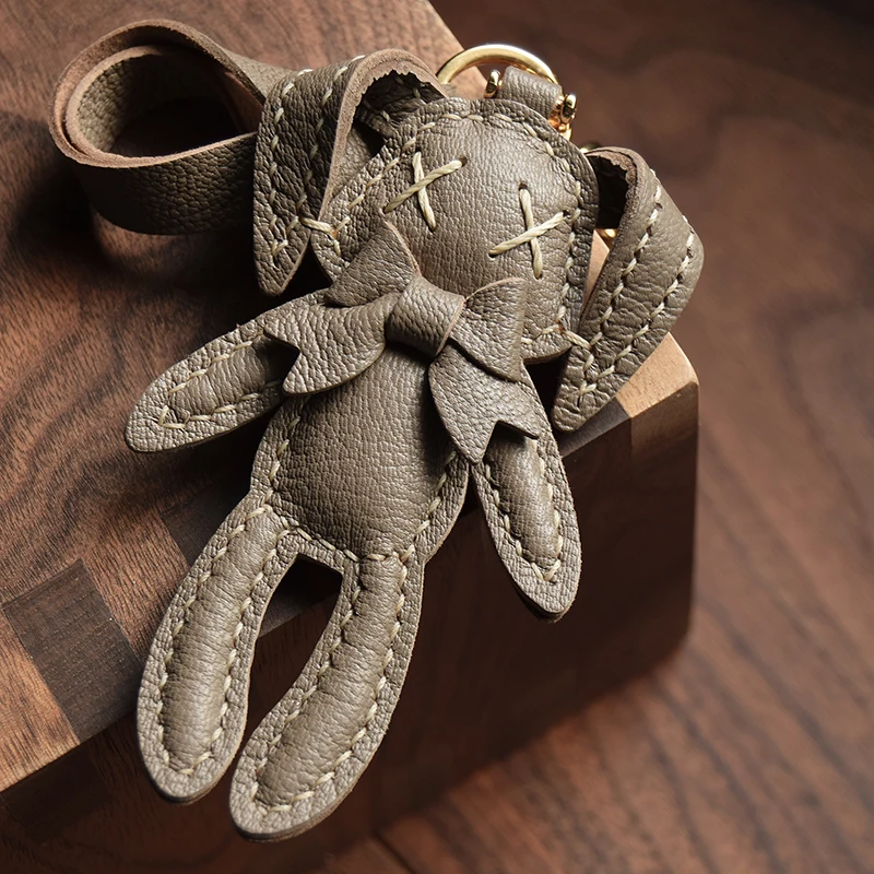 Handmade Leather Cute Rabbit Bag Charm Easter Bunny Keychain Key Ring with Gift Box