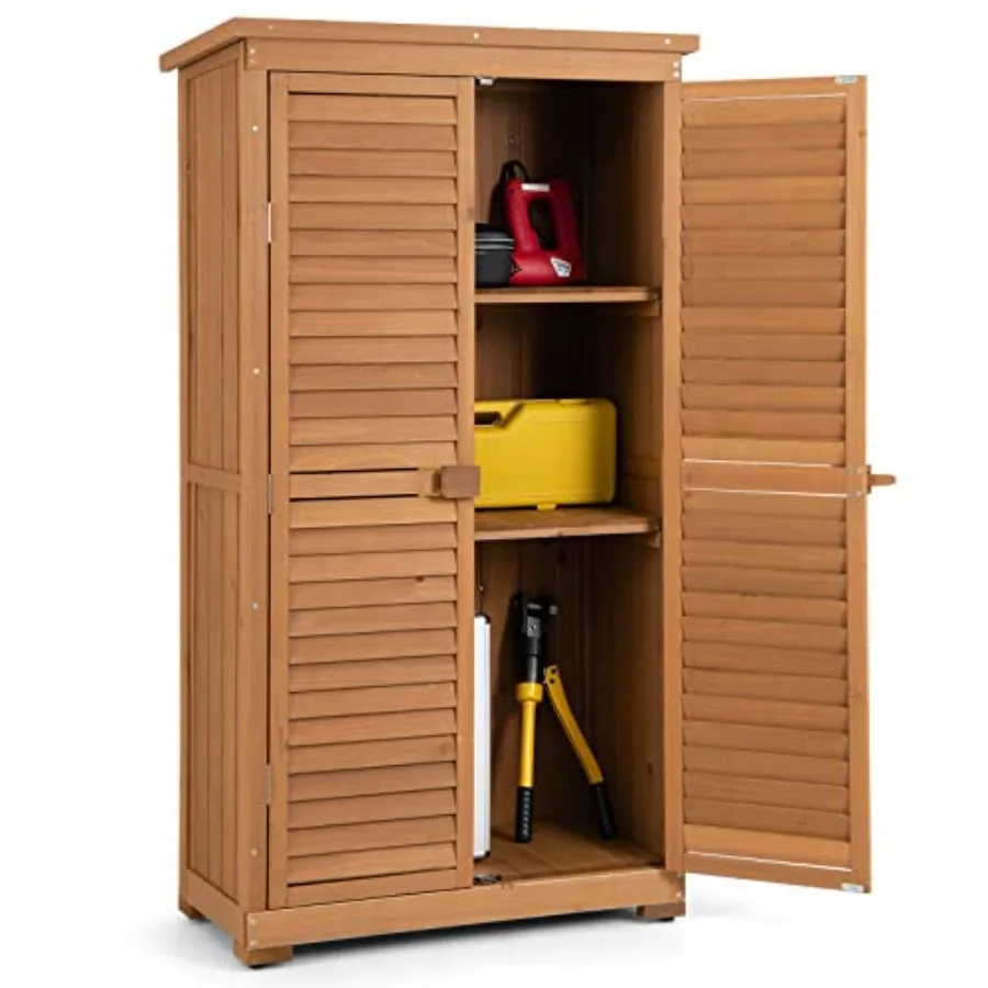 

63 Outdoor Wood Storage Cabinet with Double Lockable Doors 3 Adjustable Shelves Asphalt Roof Multipurpose Garden Tool Shed for